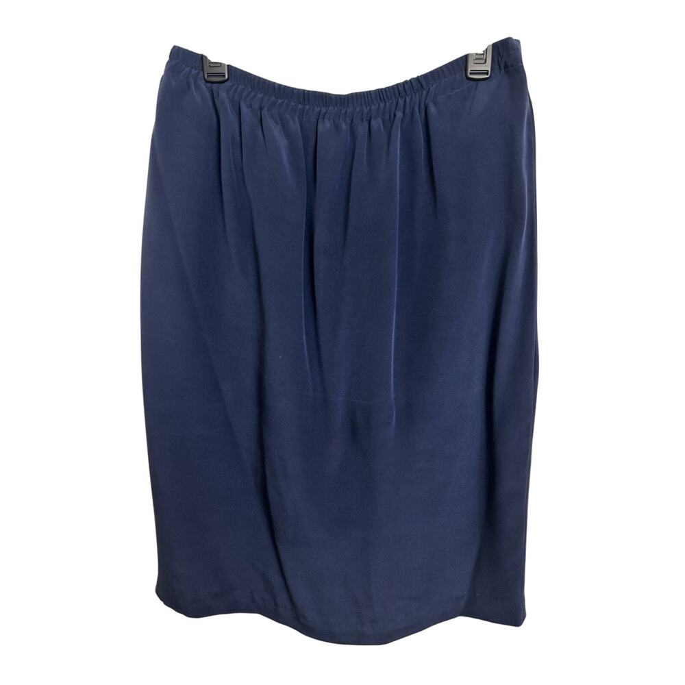 Vtg 90s 100% Silk Navy Blue Pull On Knee Length Skirt Size 12 Office Minimal